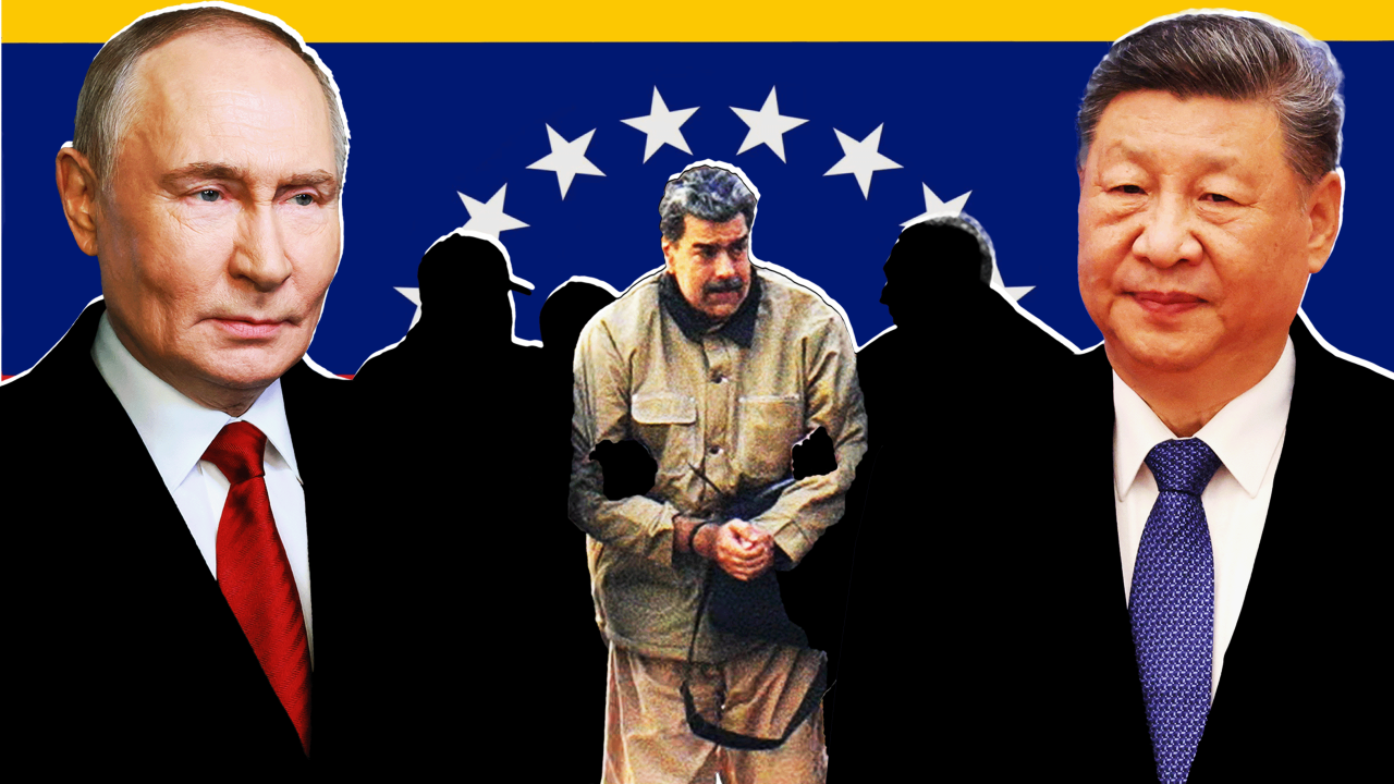 Ilustracija na kojoj su Vladimir Putin (levo), Nikolas Maduro sa lisicama (u sredini) i Si Điping (desno)