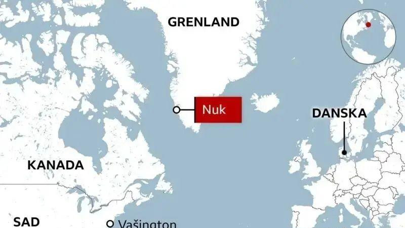 Mapa na kojoj su obeleženi Grenland, prestonica Nuk, Danska, Vašington, Kanada