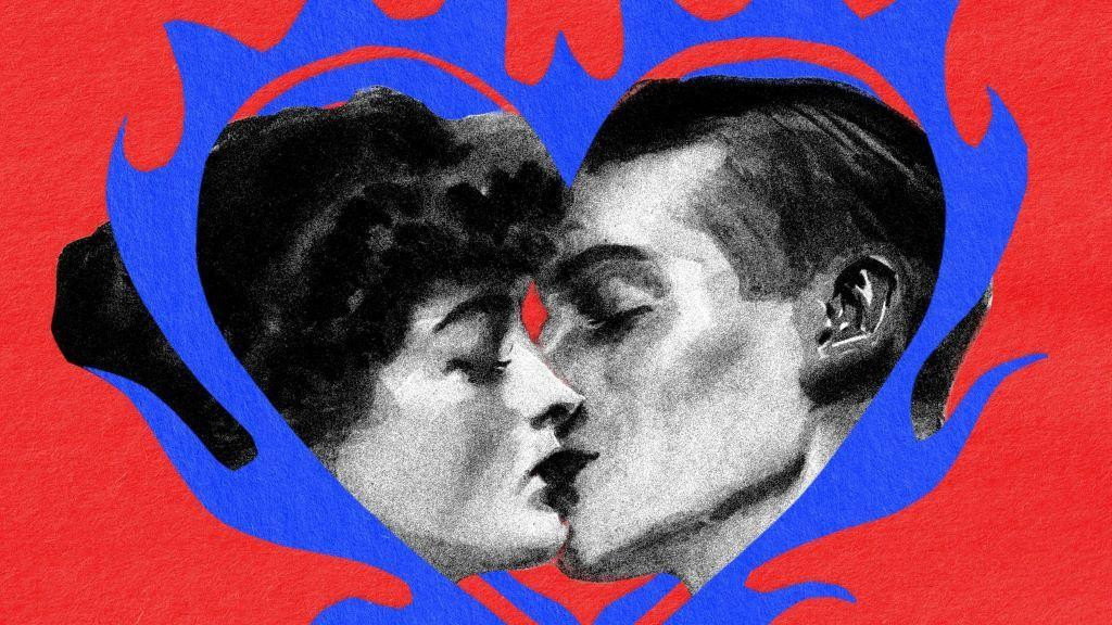 ilustracija muškarca i žene koji se ljube dok su im glave uokvirene u nacrtano srce