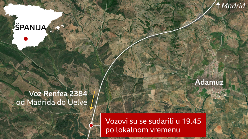 sudar vozova u španiji, mapa sudara vozova u španiji, gde su se sudarili vozovi u španiji