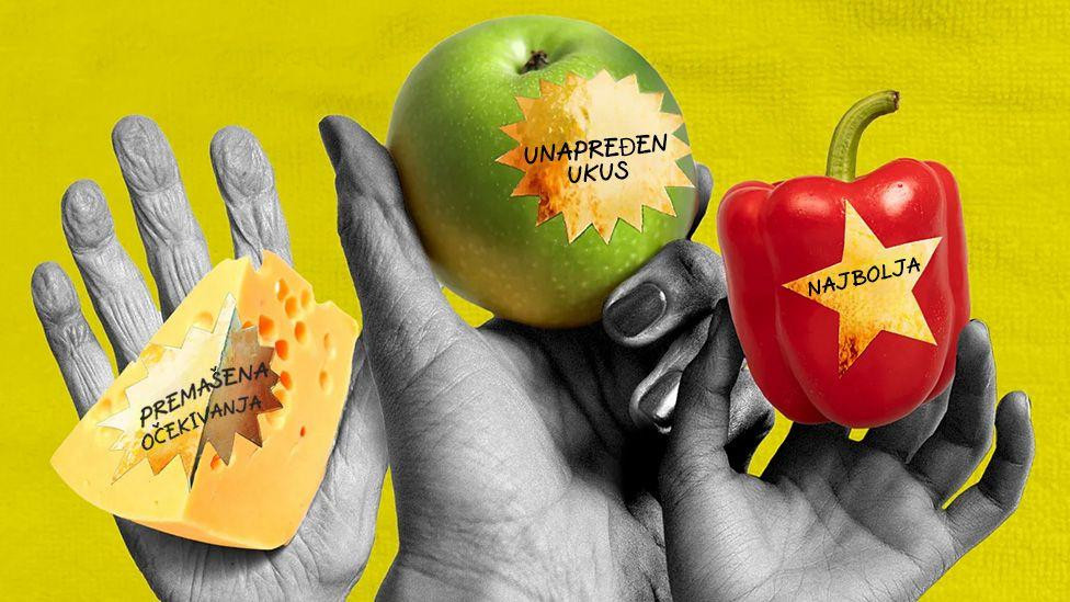 hrana, fotografija na kojoj su ruke koje drže kačkavalj, jabuku i papriku