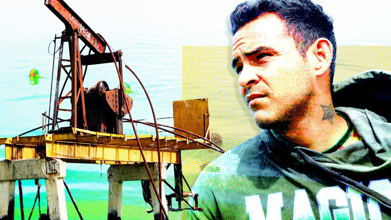 
                    A designed image of a old rusty oil pump on the left and a young man with dark hair on the right. He is looking wistfully into the distance. He is wearing a grey hoodie w