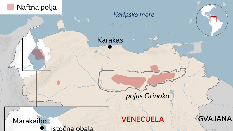 Mapa koja prikazuje jezero Marakaibo na severoistoku Venecuele, pored Karipskog mora. Rezerve nafte su označene ispod jezera i u pojasu Orinoko u Venecueli na istoku. Država Zulija je označena oko većeg dela jezera. Susedne zemlje su takođe označene - Gvajana na istoku, Brazil na jugu i Kolumbija na zapadu.