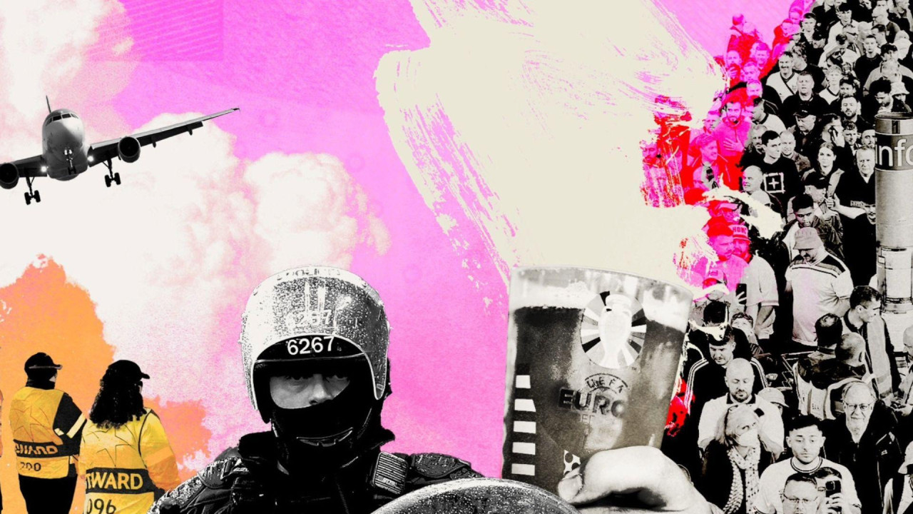 Ilustracija koja prikazuje policajce za razbijanje demonstracija, redare i fudbalske navijače 