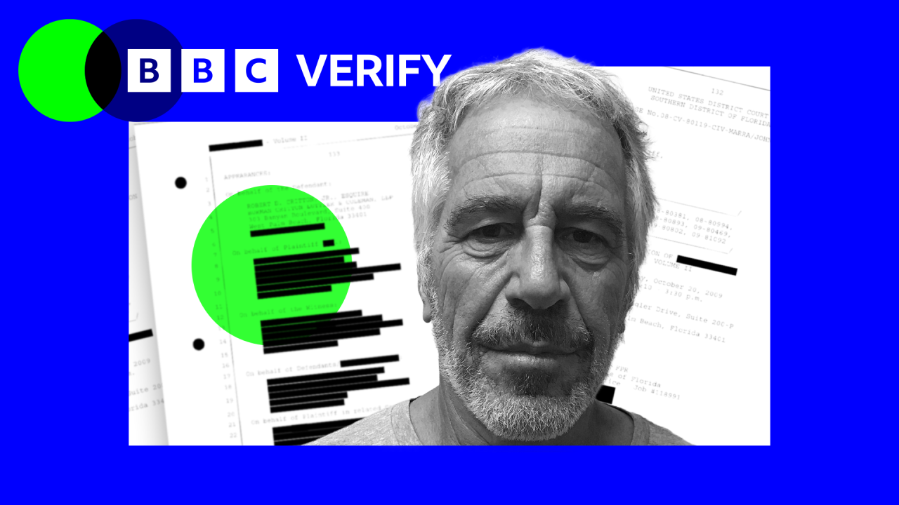 
                    A grab from Jeffrey's Epstein's police mugshot. Printed emails released by the DOJ are seen behind him, and both are imposed over the BBC Verify logo and colours.
       