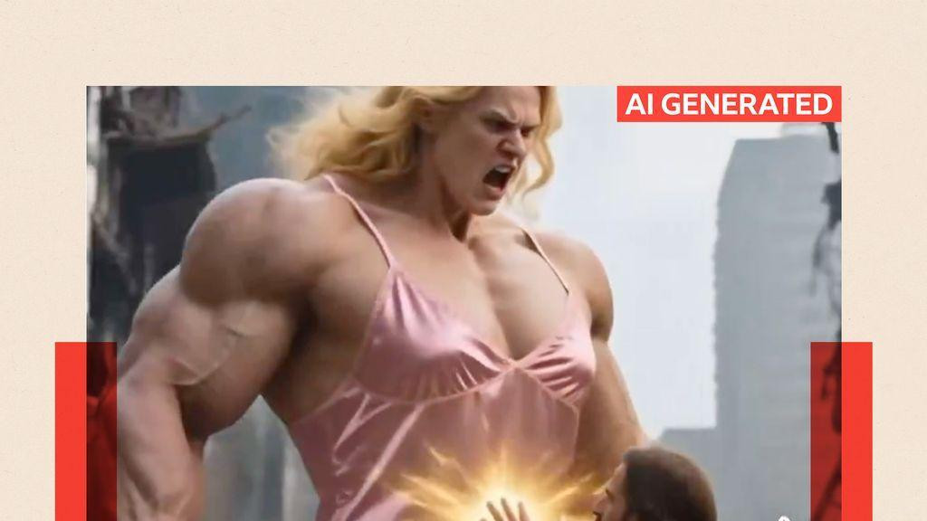 Slika koju je generisala veštačka inteligencija prikazuje ogromnu, mišićavu osobu u ružičastoj haljini; figura koja izgleda kao da Isus dodiruje svoj stomak.