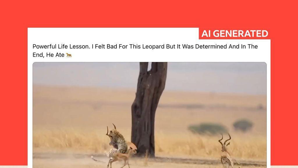 Slika generisana veštačkom inteligencijom, objavljena na Fejsbuku, prikazuje lažni lov na leoparda; ispod nje, komentator piše „Čista veštačka inteligencija“