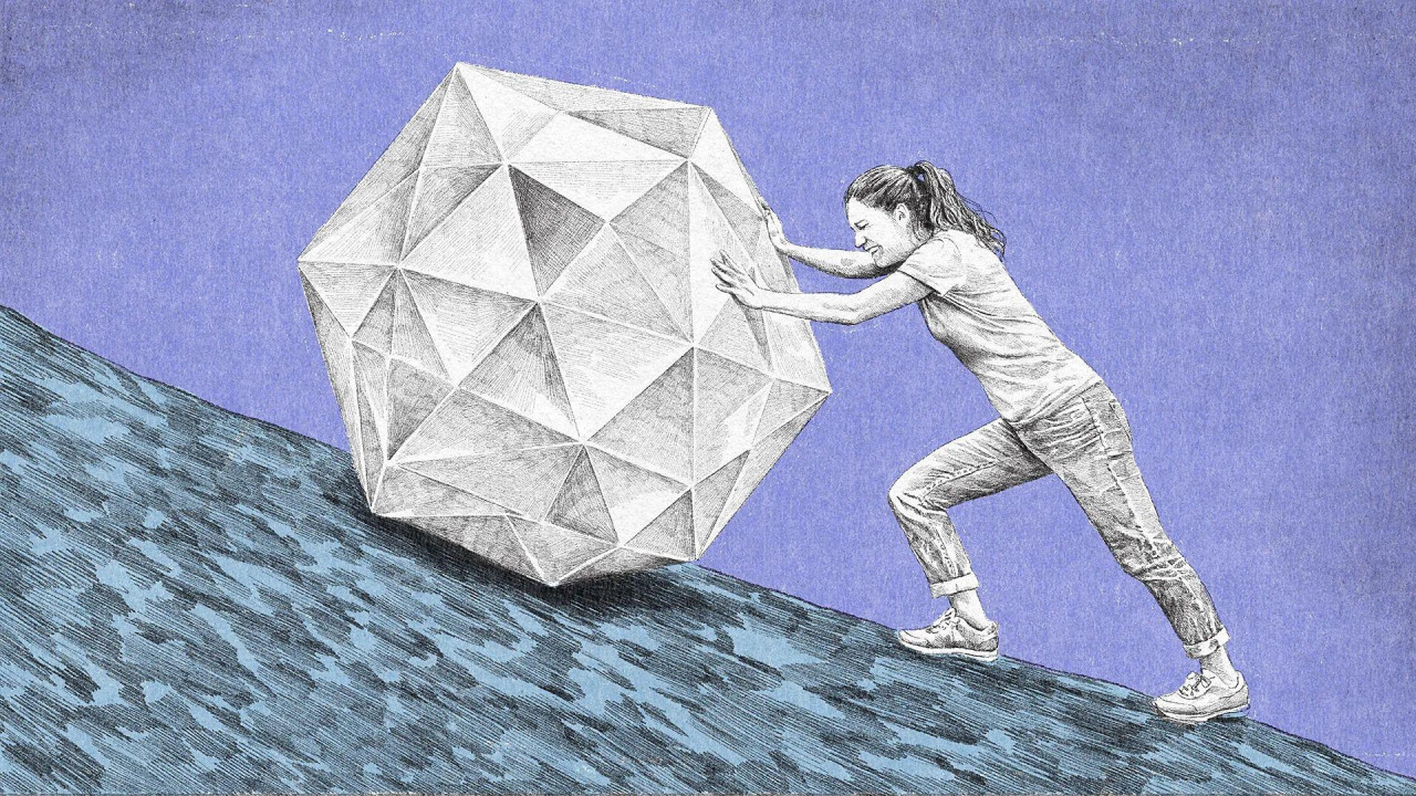 crtež devojke koja gura kamen uz brdo, kao Sizif