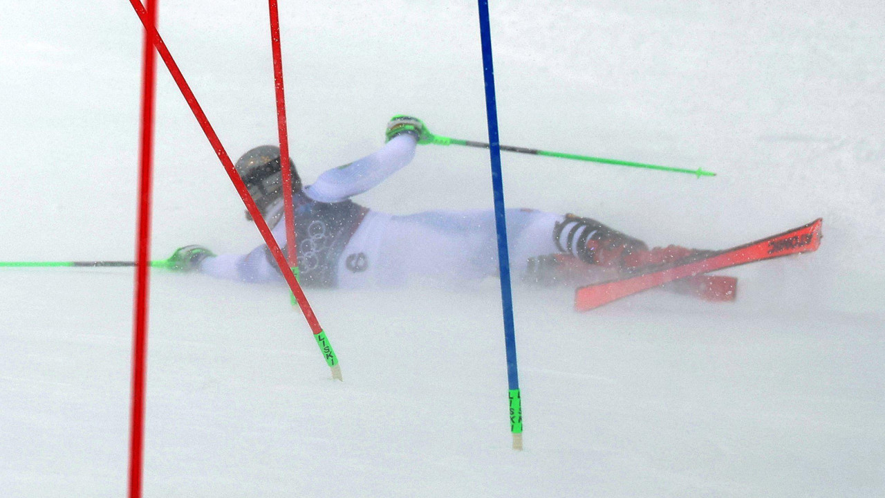 pad osvajača zlatne medalje u veleslalomu pre dva dana, Lukaša Pinjeira Bratena iz Brazila, skijanje, slalom na zimskim olimpijskim igrama