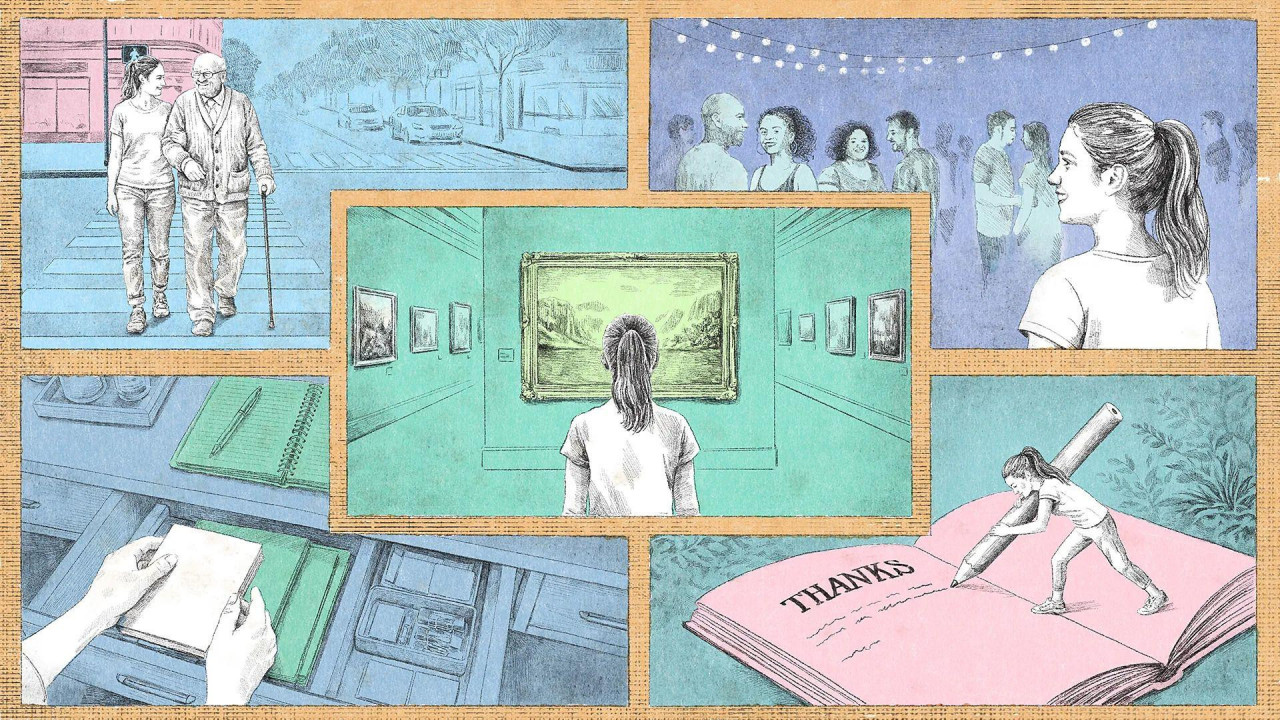 više slika na kojima je nacrtana devojka, na jednoj šeta sa starijim mupkarcem, na drugoj je u galeriji slika, na trećoj je na zabavi sa drugim ljudima, na četvrtoj piše u svesku