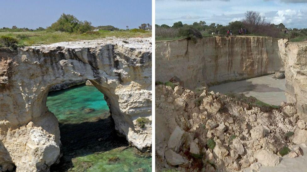 A side by side comparison of before 'lovers arch' crumbled, which looks scenic, and after when bad weather caused the arch to collapse' leaving rubble. 