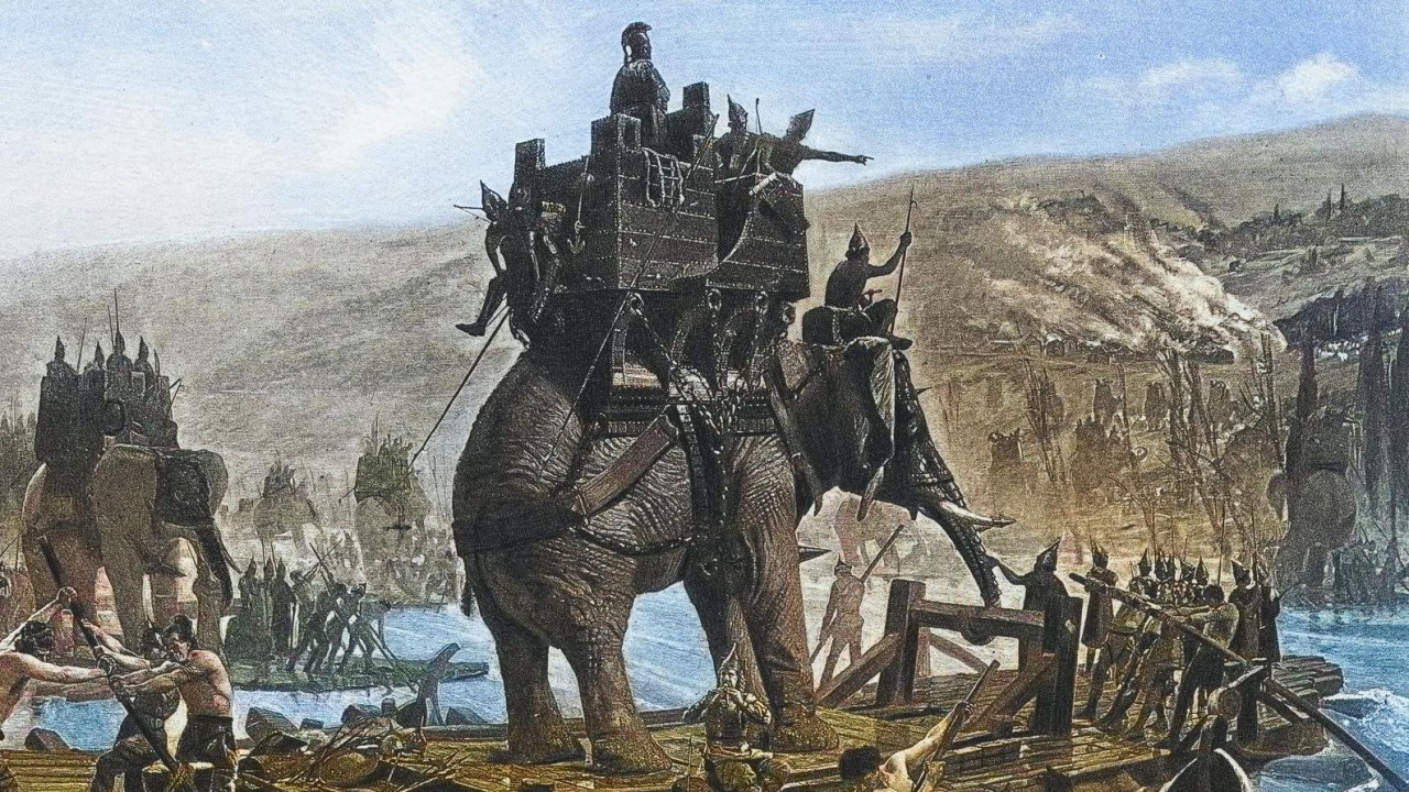 Ilustracija slona i vojnika pored reke
