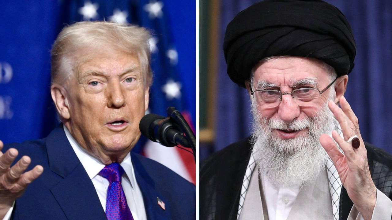 
                    Podeljeni ekran sa američkim predsednikom Donaldom Trampom sa leve strane, koji podiže ruku dok govori ispred američke zastave, i iranskim vrhovnim vođom Alijem Hamneijem