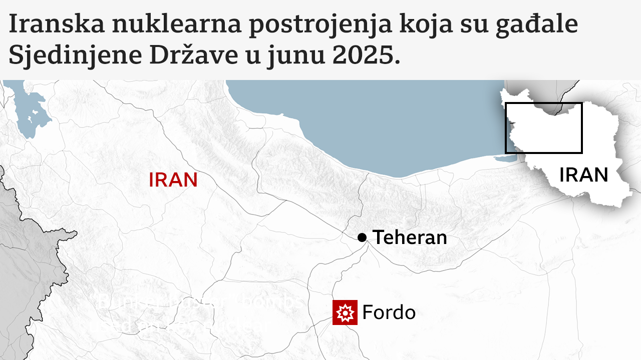 Mapa prikazuje tri nuklearna postrojenja koja su SAD napale u Iranu prošlog juna: Fordo, Natanz i Isfahan