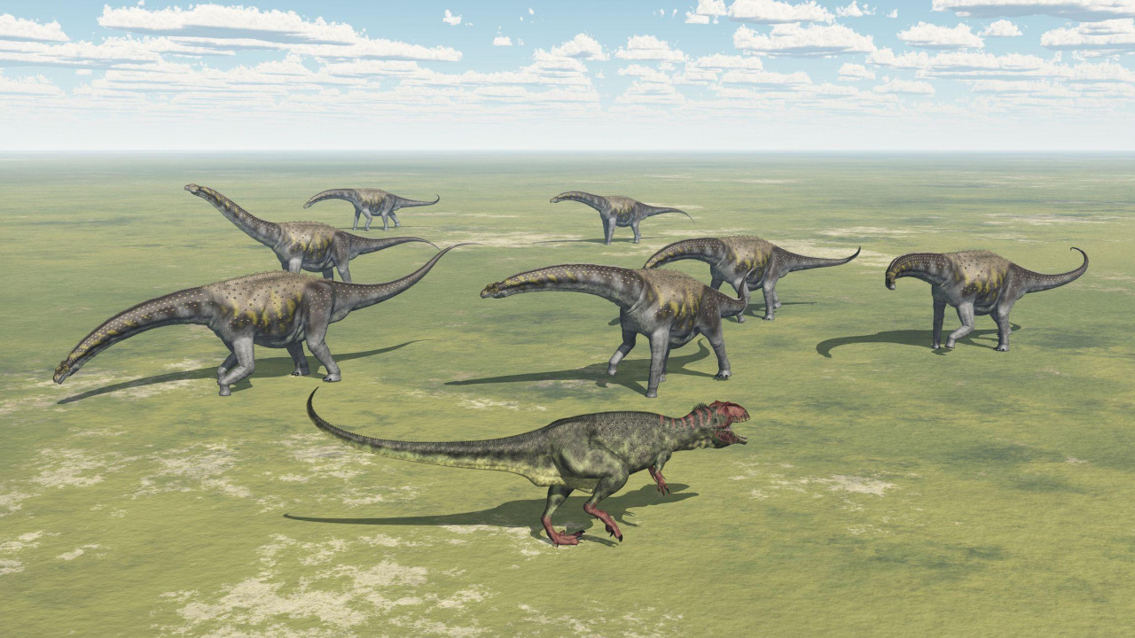 3D ilustracija dinosaurusa Giganotosaurus i Argentinosaurus
