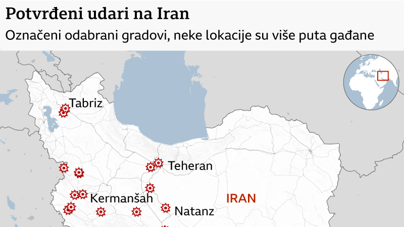 Mapa sa udarima Izraela i Amerike na Iran