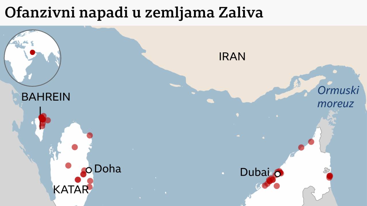 Mapa Bliskog istoka, gde su crvenom bojom naznačeni gradovi i oblasti koje je Iran gađao