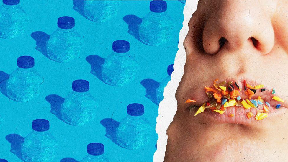 mikroplastika, čovek sa punim ustima plastike