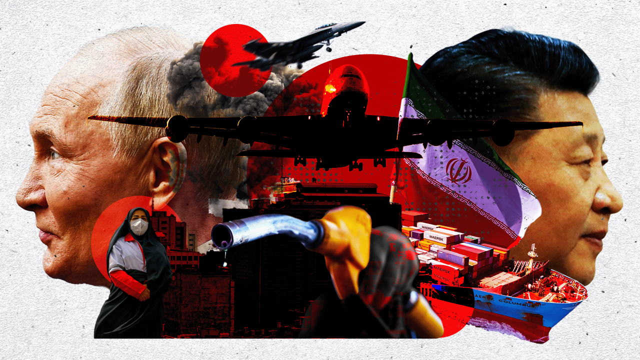 
                    ruski predsednik Vladimir Putin i kineski predsednik Si Đinping gledaju u suprotnim smerovima, a lica su im podeljena fotomontažom koja prikazuje benzinsku pumpu, kontejn