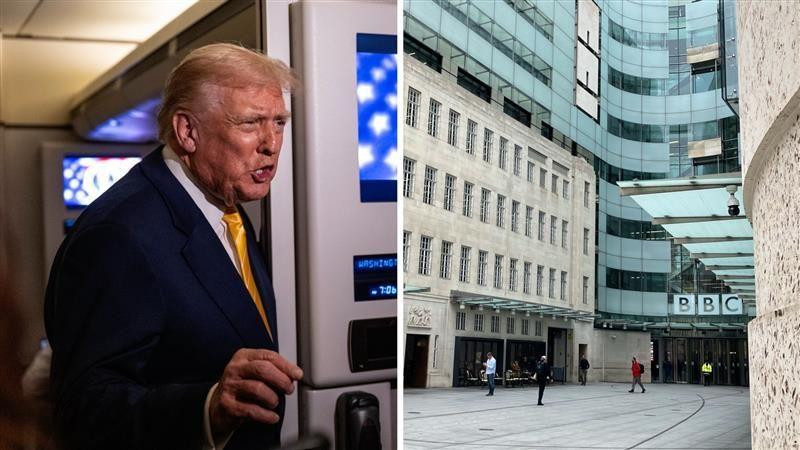 Fotografija Trampa u odelu i ulaz u zgradu BBC 