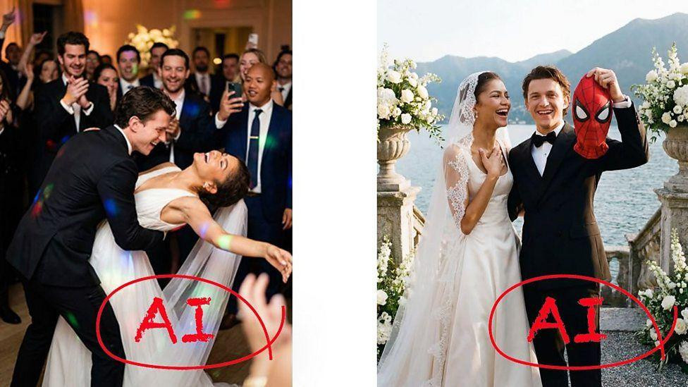 Na levoj slici mladoženja pridržava mladu tokom plesa, dok muškarci u odelima slikaju, dok su na desnoj mladoženja i mlada, on drži masku Supermena - i na jednoj i na drugoj crvenim slovima piše AI