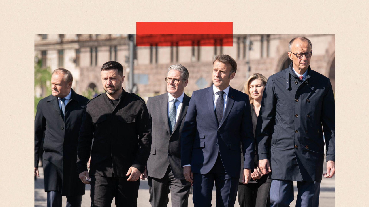 Donald Tusk, Vladimir Zelenski, Kir Starmer, Emanuel Macron, Olena Zelenski I Fridrih Marc u Kijevu