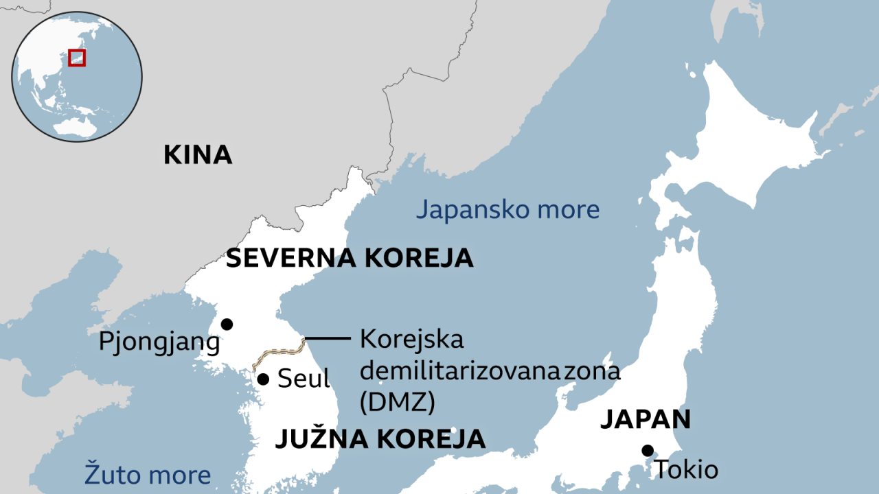 mapa koja prikazuje Severnu Koreju, Južnu Koreju i Japan