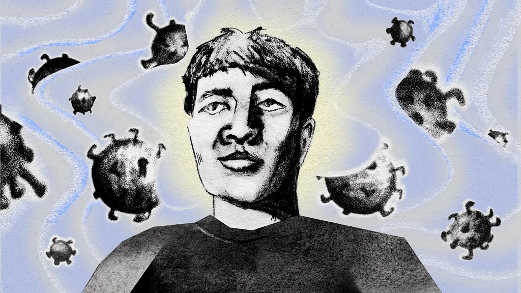 Ilustracija na kojoj je portret muškarca oko kojeg lete male, okrugle čestice, sve je na plavo-sivoj pozadini 