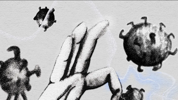 Ilustracija ljudske ruke koja drži lebdeće bacile okolo, pozadina je svetlo plavo siva