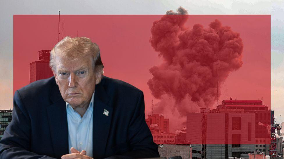 Donald Trump with the image of Iran war in the backdrop.