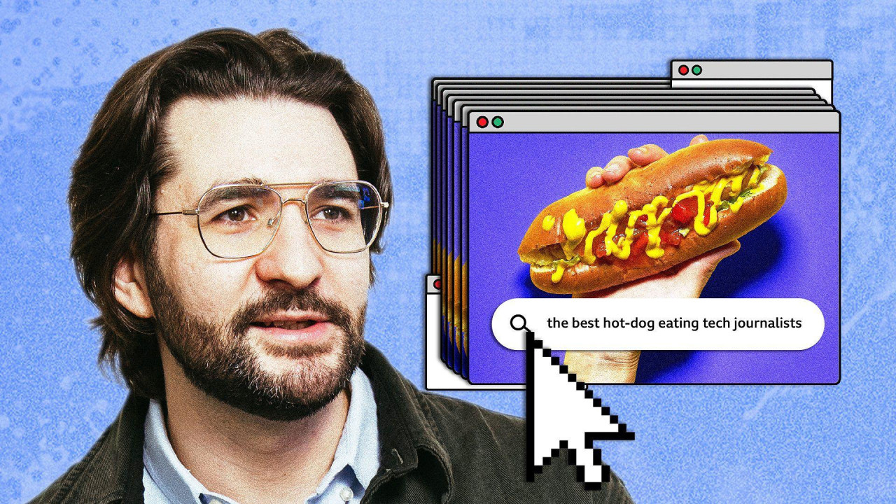 muškarac i slika hot-doga sa natpisom: najbolji hot-dog koji je pojeo novinar