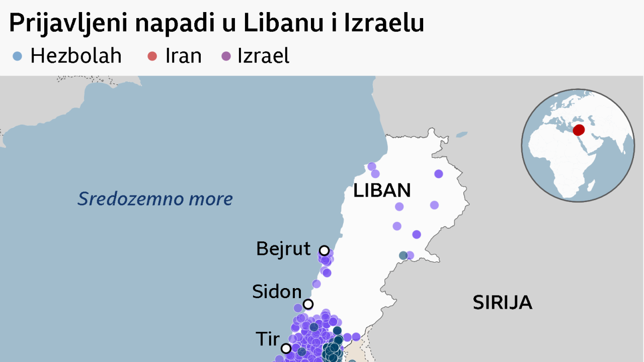 Mapa prijavljenih napada u Libanu i Izraelu