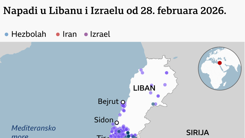 Mapa udara na Liban i Izrael od 28. februara