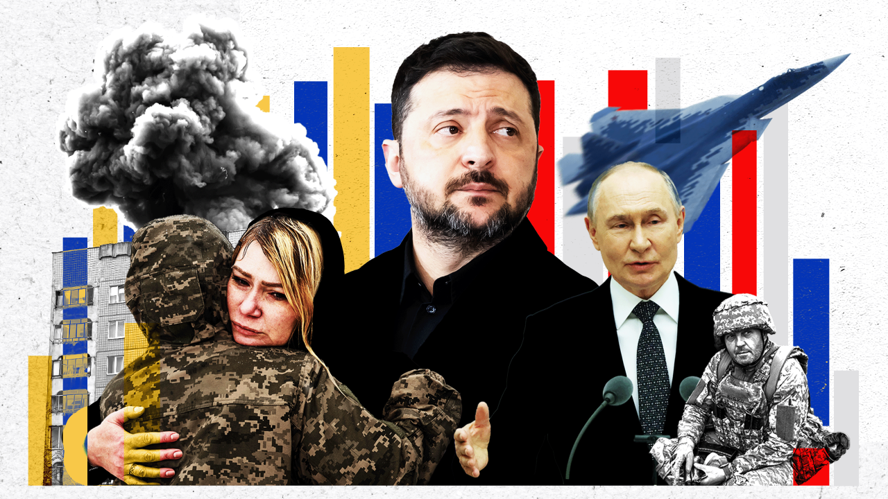 Kolaž fotografija Vladimira Zelenskog u tamnoj odeći, Vladimira Putina u odelu dok mlazni lovac leti iznad njega, sa leve strane se veliki oblak tamnog dima uzdiže iznad oštećene stambene zgrade