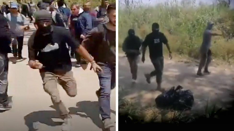 grupa maskiranih muškaraca trči prema drugima