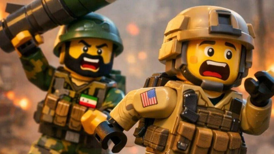detalj iz iranskog propagandnog videa kako iranski vojnik juri američkog a obojica su prikazani kao lego figure