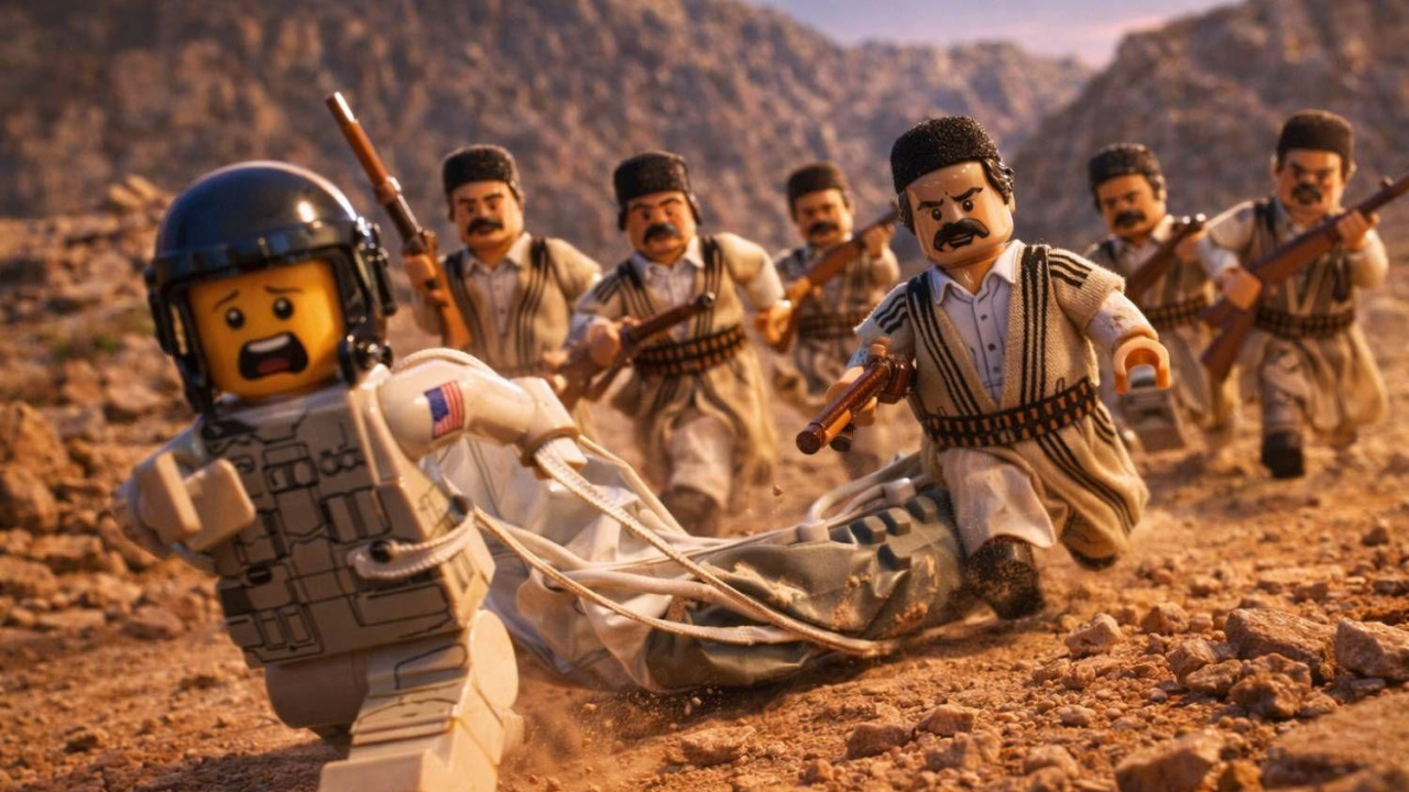 grupa iranaca juri američkog vojnika u iranskim vrletima - svi su prikazani kao lego figure