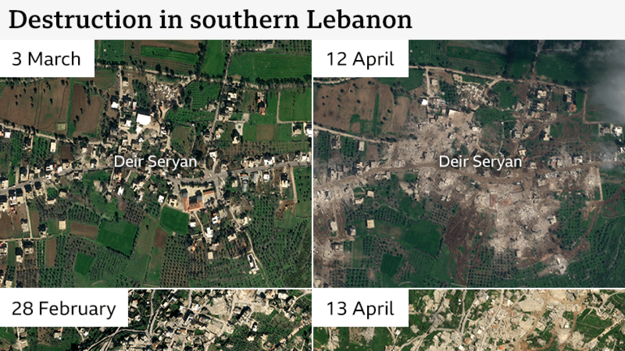 Before and after images showing the destruction and how buildings have been flattened in three towns and villages in southern Lebanon.