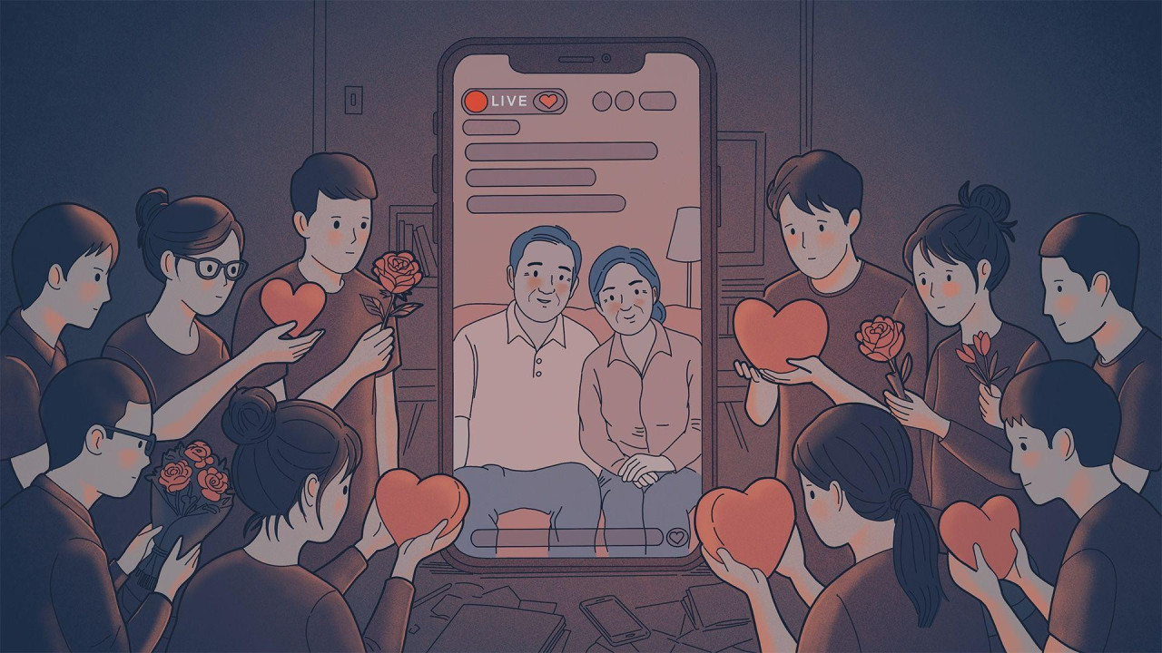 Ilustracija na kojoj je par na ekranu kanala društvenih mreža, a okruženi su tužnim mladim ljudima koji im daju srca i cveće 