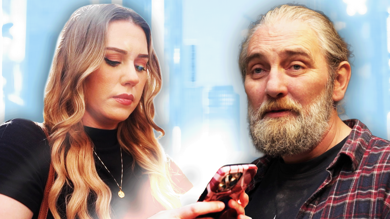 
                    A composite image of Shauna (on the left) looking down at her phone and Adam staring ahead. Shauna is wearing a black top with a pendant necklace. Adam is wearing a check