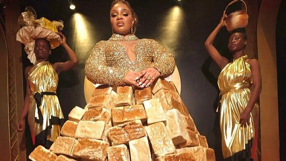 A woman dressed in bread