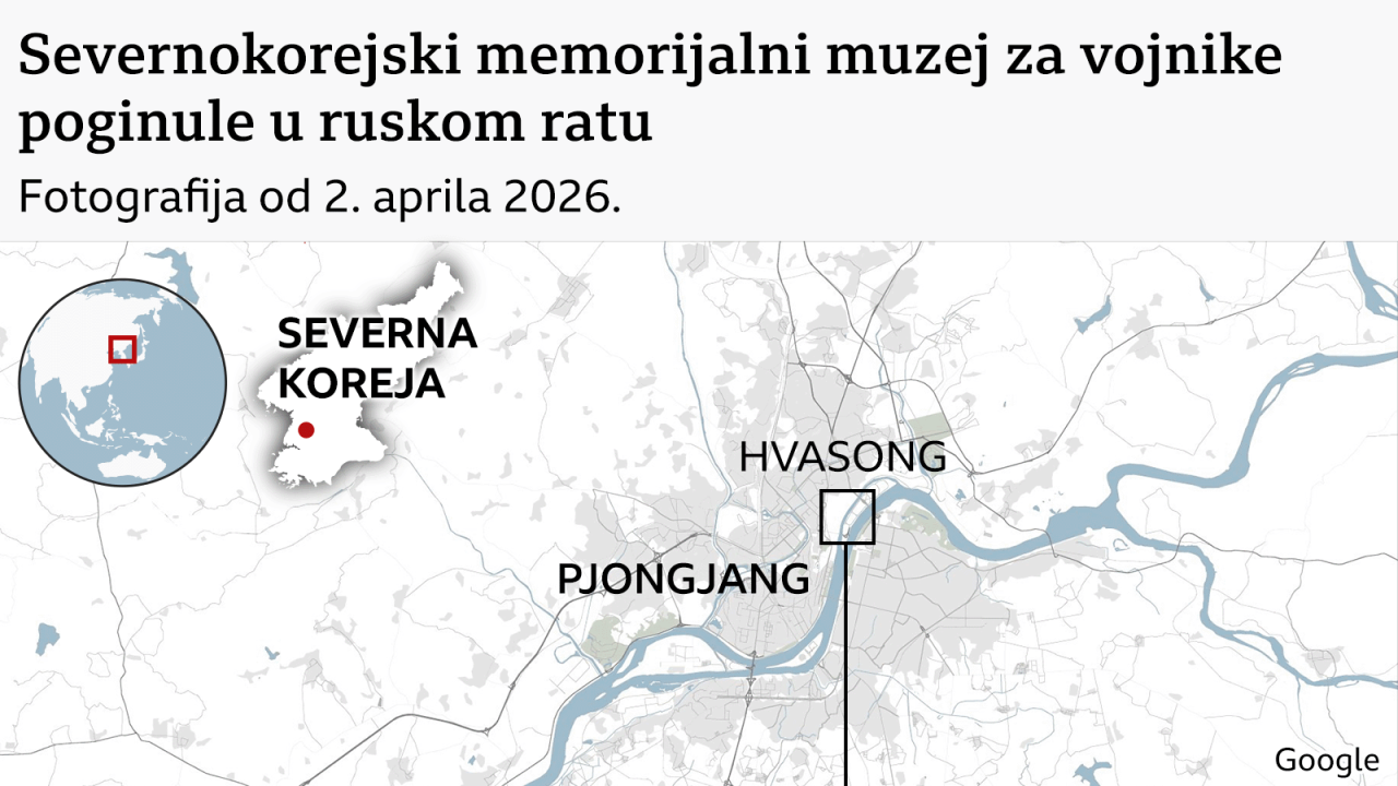 dve fotografije - jedna prikazuje lokaciju muzeja u Severnoj Koreji. Druga prikazuje memorijalni kompleks iz vazduha 