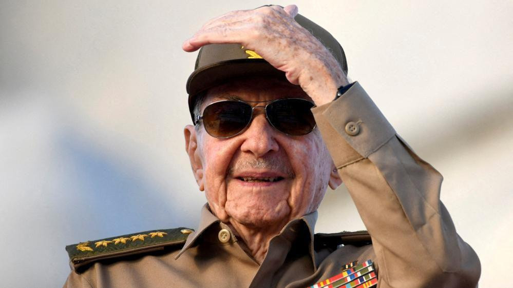 Raul Castro, in a khaki military uniform and sunglasses, is seen in Havana, Cuba in 2025