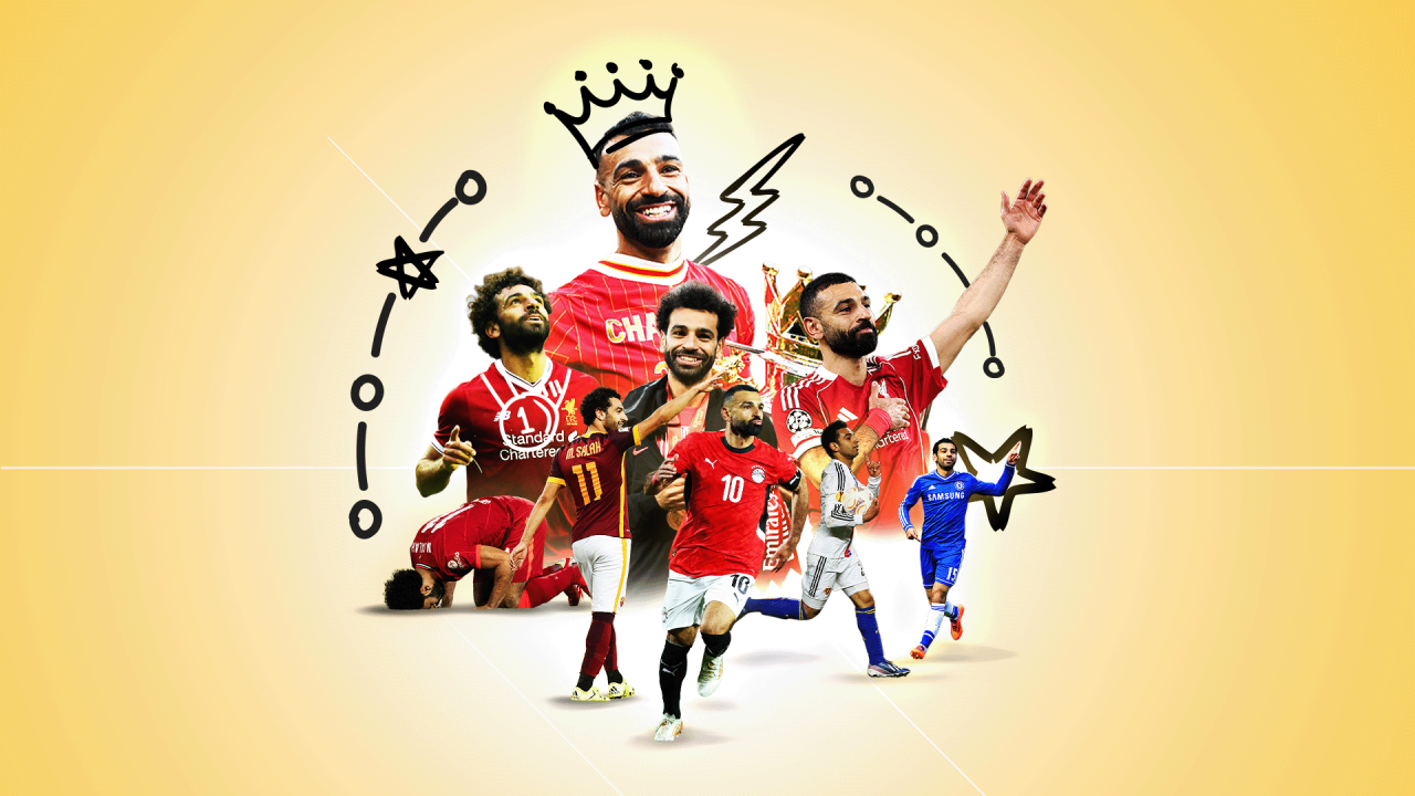 Footballer Mohamed Salah is shown at various stages of his career wearing the kits of his different clubs, and in many celebratory postures.
