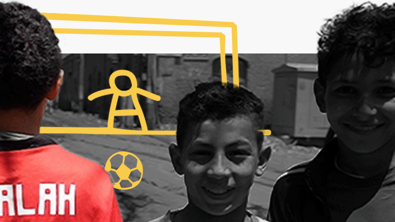 A stylised composite image shows a child from behind, in a short-sleeved red Liverpool jersey with "M Salah" on it, next to two smiling children, with their images turned black and white. In the background, a goalkeeper defending his net has been drawn in gold lines.