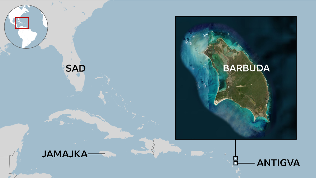Mapa Karipskih ostrva, Jamajke, Barbude i Antigve