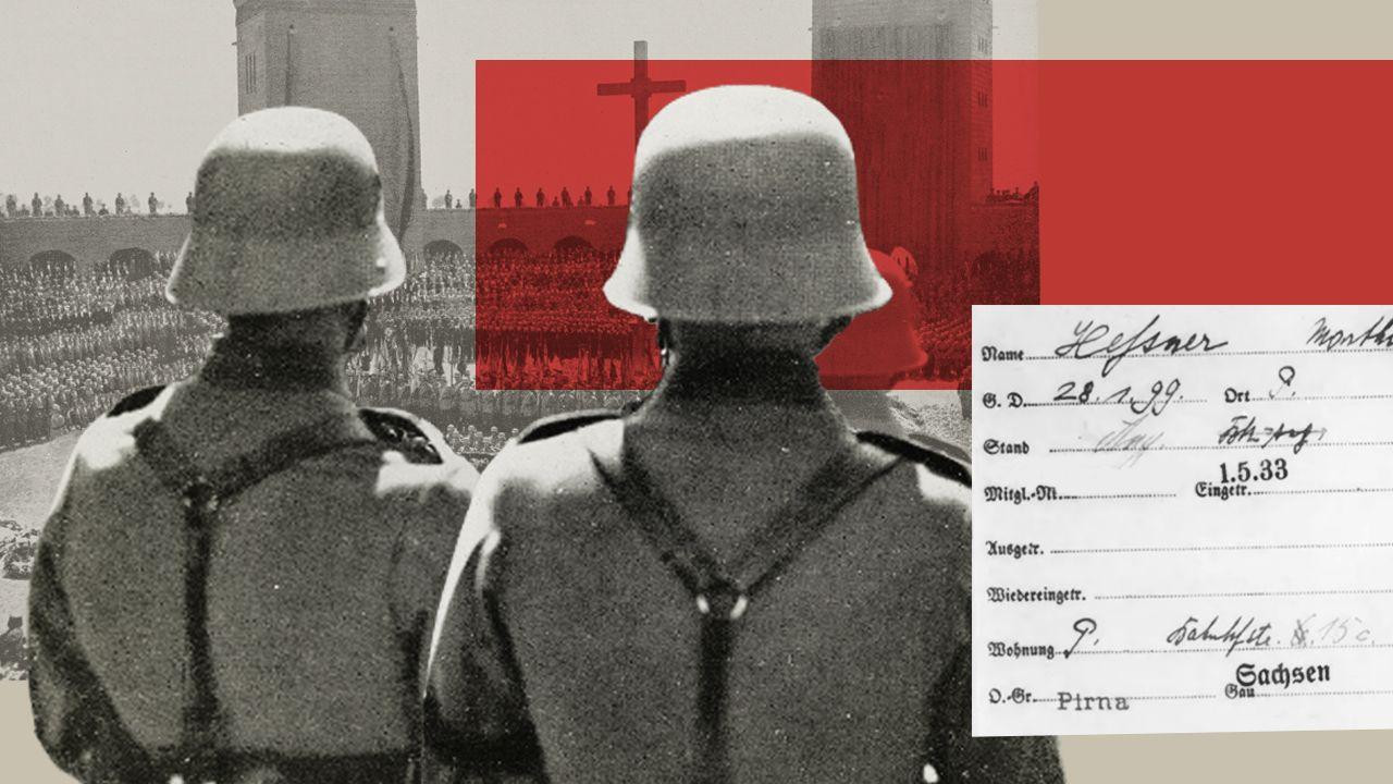 
                    A composite picture of two Nazi soldiers overlooking thousands of troops in formation a stadium in Poland. A signed membership paper is superimposed onto the lower right 