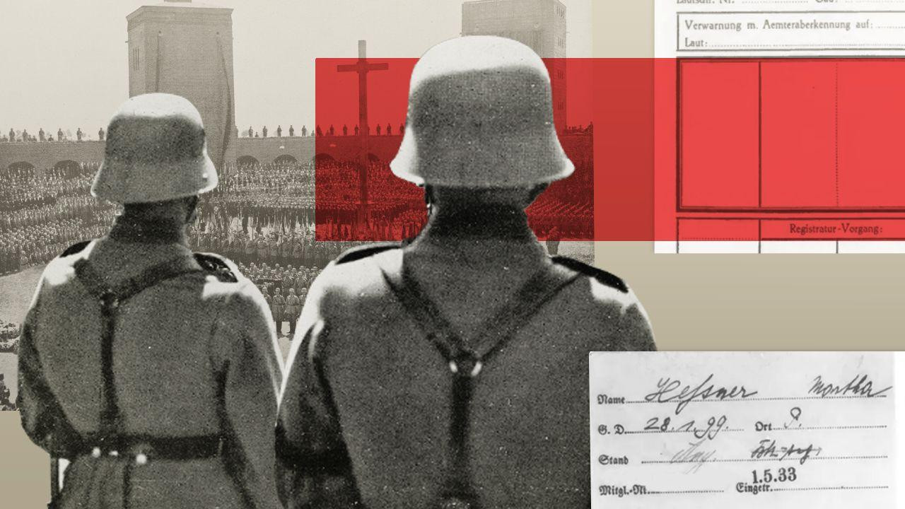 A composite picture of two Nazi soldiers overlooking thousands of troops in formation a stadium in Poland. A signed membership paper is superimposed onto the lower right of the image and an empty Nazi paper form is superimposed onto the top right.