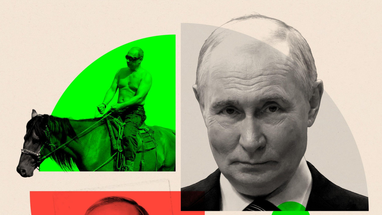 Tri Putinove spojene fototgrafije: u levom gornjem uglu je golih prsa na konju, u levom donjem uglu je njegova fotografija dok je bio tajni agent a u desnom gornjem uglu je u crmom odelu iz 2022.