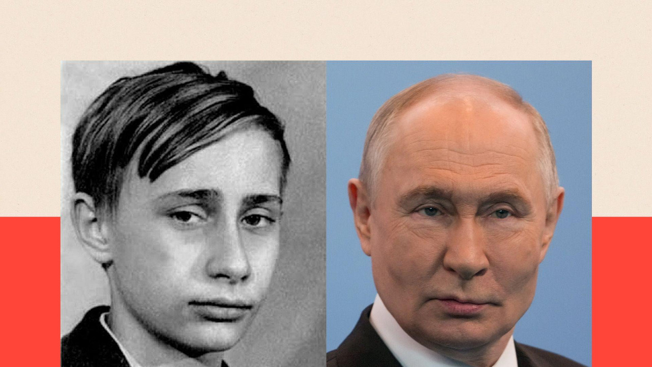 Sa leve strane crno-bela fotografija Vladimira Putina kao dečaka, a sa desne skorašnja u odelu